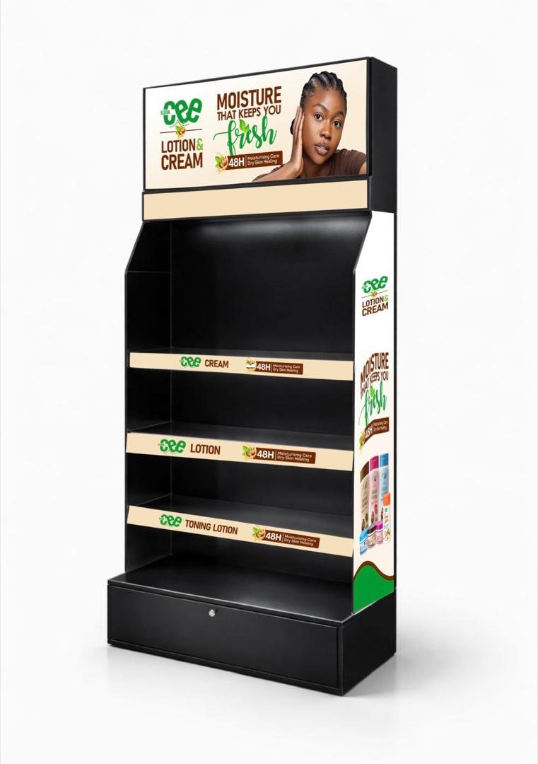 Design visual of a black CEE Lotion and Cream floor stand with three branded shelf strips.