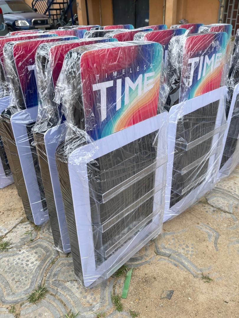 Timeless Time counter displays wrapped and stacked outside the workshop.