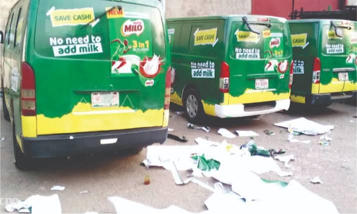 Three Milo 3-in-1 branded vans parked together after the wraps were fitted.